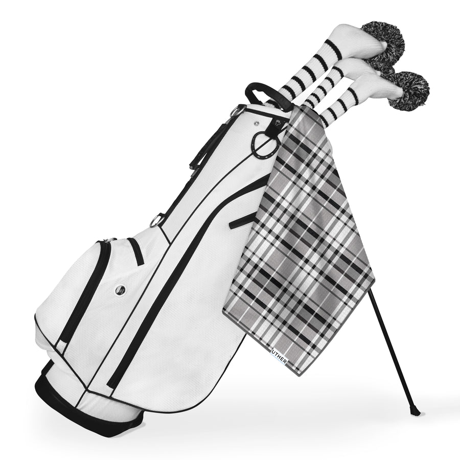 Platinum Plaid Tour hanging on a golf bag.